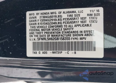 2016 Honda Odyssey Ex-L from USA, damaged, VIN 5FNRL5H62GB158355